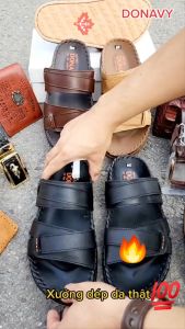 Dép quai ngang nam da bò cao cấp 02 lớp da mềm mại ndkdela kiểu 02 quai kép may Handmade quai và đế rất chắc chắn n.dela