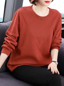Áo Nỉ Dài Tay Rộng Rãi Thoải Mái Cho Phụ Nữ Trung Niên Mùa Xuân Thu Áo Len Cổ Tròn Màu Trơn Chất Liệu Cotton Polyester