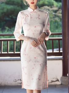 Elegant Pink Floral Print Qipao Midi Dress Sleeveless Low Slit Daily Wear Small Size Formal Dress Ladylike Style Autumn New Arrival