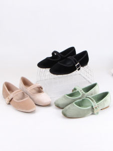 รองเท้าส้นแบนผ้ากำมะหยี่สไตล์หวานสำหรับผู้หญิง ทรงหัวเหลี่ยม สายรัดข้างเดียว รองเท้าแฟชั่นฤดูใบไม้ผลิ ฤดูร้อน ฤดูใบไม้ร่วง ฤดูหนาว