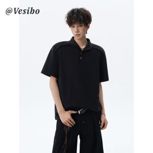 VESIBO | High Street Deconstruction Short Sleeve Polo Shirt Men Summer Loose
