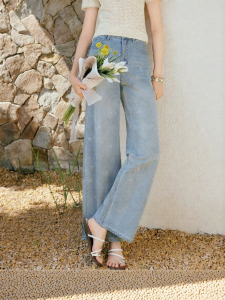 XIANGYING | Retro Denim Straight Leg Jeans High Waist Embroidered Rhinestones