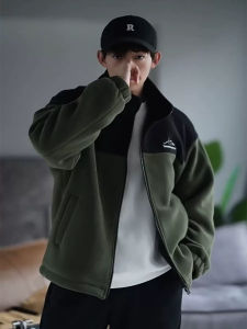 American Style Fleece Jacket Mens Spring Autumn Stand Collar Youth Lamb Fur Jacket Trendy Brand Handsome High-End Feeling Top