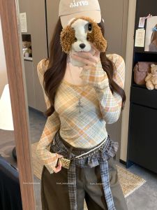 Spicy Girl Color Block Plaid U-Neck Long Sleeve Slim Fit Waist T-Shirt Womens Autumn Winter Short Top Base Shirt Inner Wear