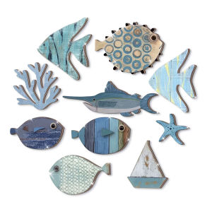 10Pcs Coastal Ocean Wooden Wall Decor Set Fish Coral Starfish Sailboat Wall Art