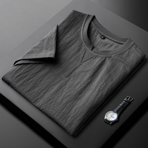Premium Feelings Mens round Neck T-Shirt Linen Simulation Casual Thin Summer Ice Silk Short Sleeve Fashionable Solid Color
