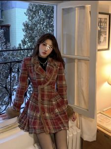 Korean Style Beautiful Christmas Robe Tea Break Skirt Winter High-End Plaid Woolen Dress Small Fragrance Style Tea Break Skirt