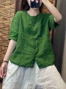 Womens Cotton Linen Short Sleeve Shirt Vintage Artistic Loose Versatile round Neck Open Cardigan Top Summer Fashion Sun Protection