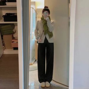 สีดำ ผ้าลูกฟูก กางเกงขากว้าง ผู้หญิง หนาขึ้น เอวสูง พรางหุ่น Drapey ผ้าชนิล ขาตรง กางเกงขายาว ฤดูใบไม้ร่วง ฤดูหนาว