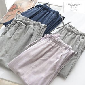 Quần Ngủ Cotton Nguyên Chất Cho Cặp Đôi Quần Dài Cotton Nguyên Chất Hai Lớp Vải Cotton Mùa Xuân Thu Quần Mặc Nhà Giản Dị Thoải Mái