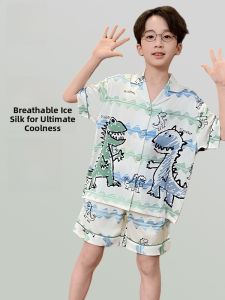 miiow | Ice Silk Short Sleeve Childrens Sleepwear Set Breathable Lightweight Cartoon Print Boys Pajamas Home Clothes For Summer