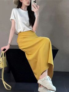 Slimming High Waist Drapey Short Sleeve T-Shirt And Skirt Set Womens Fashion Summer Outfit Pure Color Korean Style