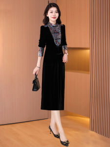 Elegant Velvet Cheongsam Dress Set Womens Autumn Winter New Style Golden Velvet Fashionable Chinese National Style Thirteen Rows