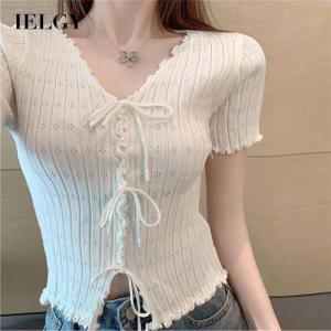 IELGY versatile v-neck lace-up bowknot knitted short top for women