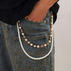 Ingemark | Ingemark Simple Imitation Pearl Rhinestone Waist Chain Men Vintage Gold Color Beads Jeans Key Wallet Chain Hip-hop Jewelry Gift