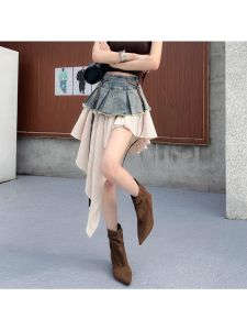 Summer Retro Fashion 2026 Elegant Vacation Blue Denim Stitching Irregular Skirt Womens High Waist Versatile Pleated Long Skirt
