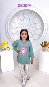 Setelan baju anak perempuan kasual Lotso celana salur salur katun kombed ziela terbaru / Setcel fashion anak perempuan terbaru usia 7 tahun sampai 14 tahun