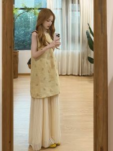 XIAOQIAOJIA | Yellow Loose Sleeveless Fake Two-Piece Dress Womens Summer 2025 Dopaamine Style High Waist A-Line Long Dress Fragrant Style