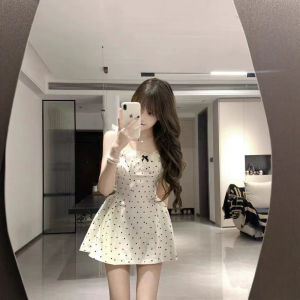 ชุดเดรสสั้นลายจุดสไตล์ฝรั่งเศส ทรงเข้ารูป เอวสูง แขนกุด ผ้าโพลีเอสเตอร์ สำหรับผู้หญิง สไตล์ฤดูร้อน 2025