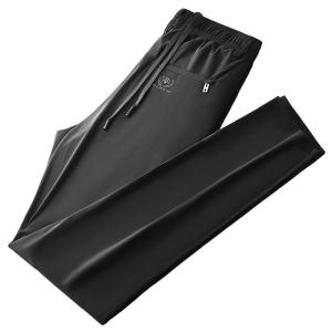 ROMON | Romon Mens Casual Pants Summer Thin Loose Straight Elastic Drawstring Waist Dad Ice Silk Long Trousers Fashionable Urban Style