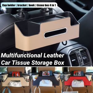 Multifunctional Car Storage Box Leather Car Tissue Box Holder Seat Back Hanging Organizer Rear Row Water Cup Phone Pockets