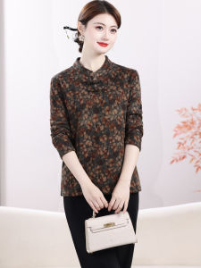 Casual Long Sleeve Qipao Style Top for Mom Autumn Wear Vintage Loose Fit Polyester Fiber Warmth Guaranteed Button Detail