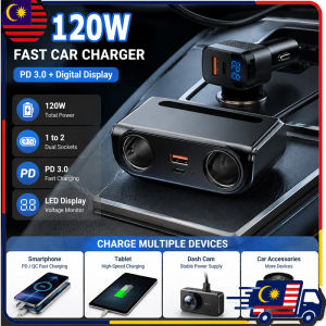 🇲🇾(Malaysia Stock)120W Car Charger Splitter with QC3.0 + 2PD Fast Charge 3-Way Ci-gar Lighter Lighter 12V-24V Socket Adapter with Dual USB 3.1A & LED Light