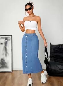 Womens Straight Cut Denim Skirt with Button Details Versatile Buckle Style Elastic Comfortable Mid-Length Casual Skirt