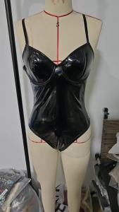 Womens Black Holographic PU Leather Corset Bodysuit Thin Straps & Underwire Cups for Slimming Fit
