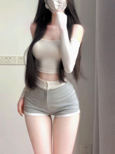 กางเกงกีฬาลำลองสีเทาเอวสูง กางเกงขาสั้นทรงเอเข้ารูปสำหรับผู้หญิง กางเกงขายาวทรงตรงทรงเข้ารูปฤดูร้อน 2025 แฟชั่นใหม่