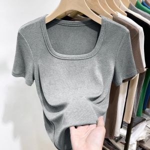 Ice Silk Thread Short-Sleeved T-shirt Womens Summer New Arrival French Modal Square Collar Outwear Slim Looking Bottoming Shirt Top Clothes