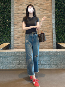 Quần Jeans Denim Xanh Rách Ống Rộng Thẳng Mùa Hè 2025 Quần Jeans Nữ Cỡ Lớn Thẳng Rộng Co Giãn Thường Ngày