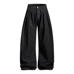 Black Casual Loose Wide Leg Jeans Mens Commuter Three Pleat Stripe Dungarees Comfortable High Waist Zipper Fly Casual Pants