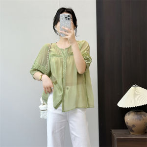 Summer Womens Short Sleeve Shirt Semi-Transparent Loose Casual Commuter Korean Style Breathable Polyester Fiber round Neck