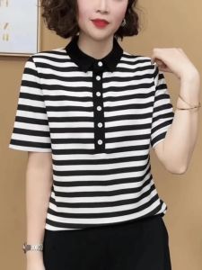 QIAOXIZI | New Style Striped T-shirt Polo Shirt Womens Plus Size Fashionable Tops
