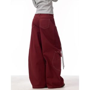 Cargo Red Casual Jeans Womens Workwear Pants Loose Straight Wide Leg Trousers Spring Korean Style Lazy Comfortable Chic
