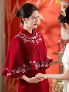 ผ้าคลุมไหล่ผ้าขนสัตว์เนื้อนุ่มเนื้อนุ่มสำหรับฤดูใบไม้ผลิและฤดูใบไม้ร่วง ชุดกี่เพ้าสำหรับคุณแม่ในงานแต่งงาน สีแดง ชุดราตรีสำหรับคุณย่า