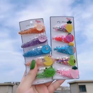 4pcs/card Kids Cute Colorful Glittery Hairclips Baby Fruity Animal Cartoons Hairpins Soft Transparent Quicksand Fashion Hair Accessories