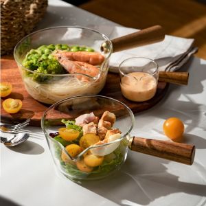 Borosilicate Glass Milk Pot Side Wooden Handle Soup Pot Complementary Food Pot Boiled Instant Noodle Bowl Hot Red Wine Milk Single-Handle Pot Open Fire