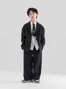 Boys Black Suit Set Spring Autumn Performance Costume Childrens Fashion Outerwear Polyester Blend Korean Style Jacket