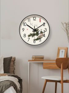New Chinese Style Wall Clock Pine Crane Pattern Flower Bird Quiet Sweep Modern Simple round Plastic Clock for Living Room