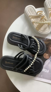 Elegant Women 2 Way Sandals with Pearl Design and Slip-On Wear Korean Style Black White Flat Chic Slipper Flipflops
