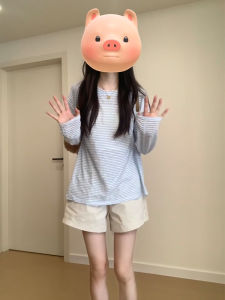 Blue Long Sleeve Striped round Neck T-Shirt Womens Spring Autumn Lazy Style Loose Summer Thin Casual Sun Protection Shirt Top