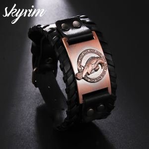 SKYRIM Mens Retro Alloy Bracelet Black Leather Rope+Electroplated Ancient Red Copper Lace Ring Bird Bracelet
