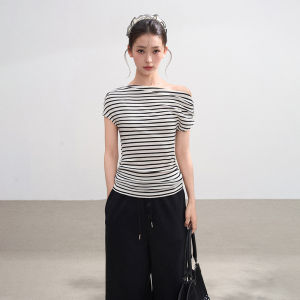 BAIDAIFEI | Black Striped Off-Shoulder Slim-Fit T-Shirt