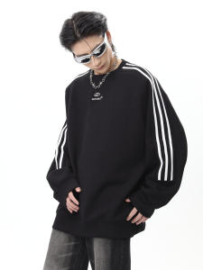 Oversize Striped Hoodless round Neck Sweatshirt Mens Spring Autumn Loose Couple Tops Cotton Comfortable Casual Streetwear