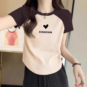 New 2025 Womens Cotton Short Sleeve T-shirt Slimming Short Style Inner Wear Summer Commute Korean Version Printed Design