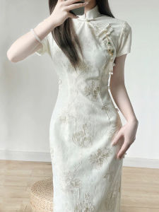 New Chinese Style Long Midi Qipao Dress Elegant Waist-Cinching Slit Vintage High Waist Short Sleeve Floral Embroidery Womens Dress