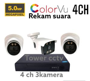 PAKET CCTV AUDIO COLORVU 5MP 1080P 4 CAHNNEL 3 KAMERA FULL COLOR SIANG MALAM