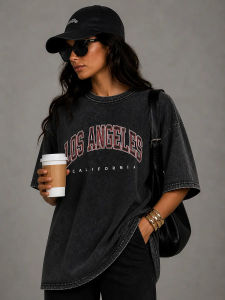 Los Angeles Creative Letter Printed Womens Retro Hip Hop Washed T-Shirts Oversized Cotton T Shirts Casual Breathable Tee